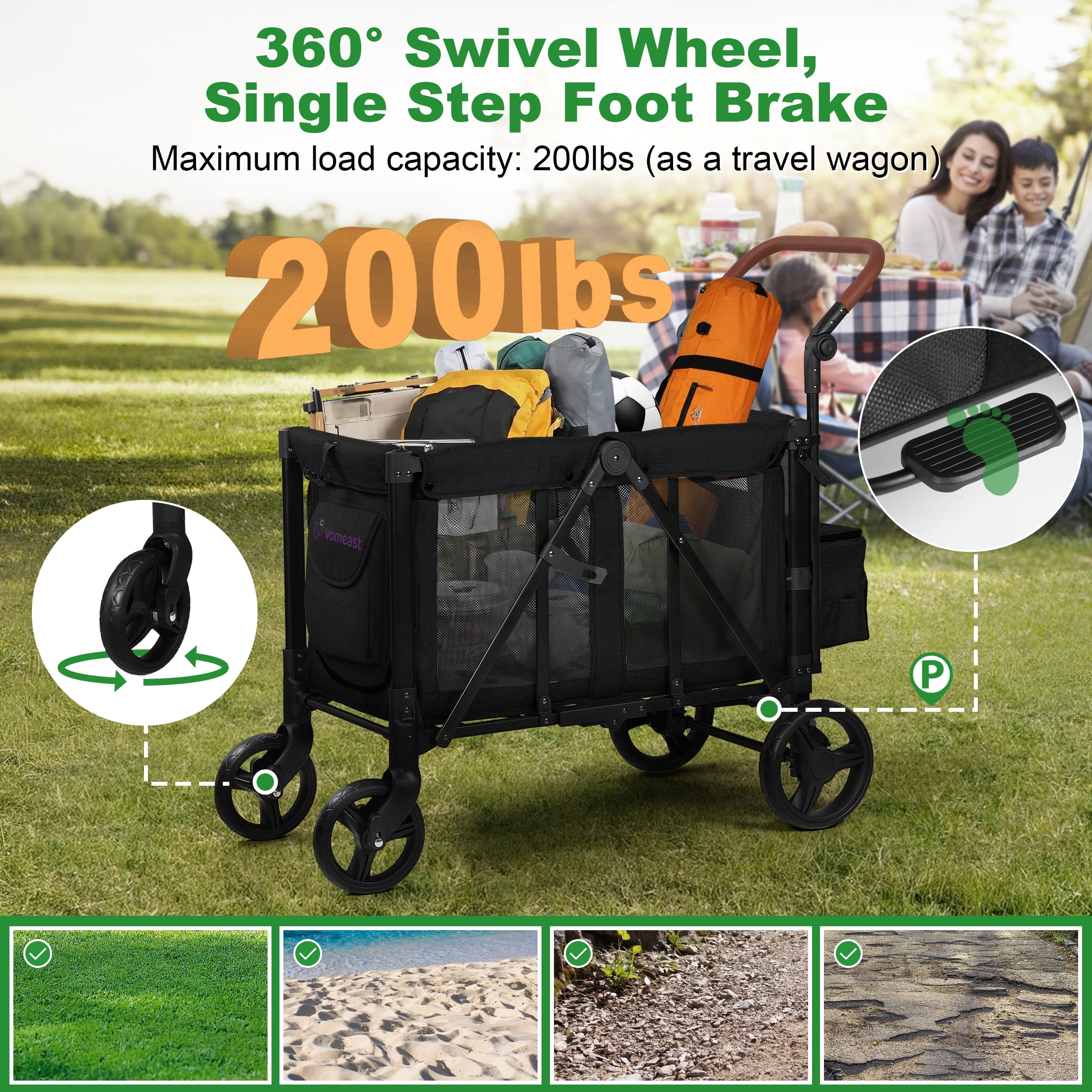 Vomeast Wagon Stroller for 2 Kids, 3-in-1 Outdoor Baby Stroller Wagon with Canopy, 5-Point Harness, Adjustable Handlebars, Removable Seat for Toddlers, Black