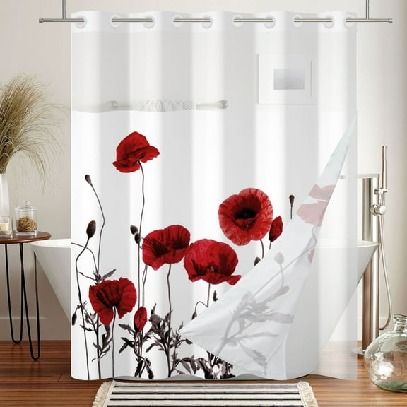 Mizhona Red Floral Shower Curtains with Snap in Liner,Spring No Hook Fabric Bathroom Curtain,71"× 74"