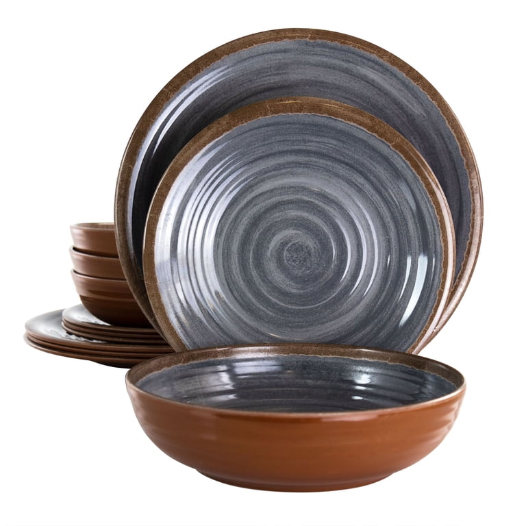 Elama Stone Oak 12-Piece Melamine Dinnerware Set, Black photo 1