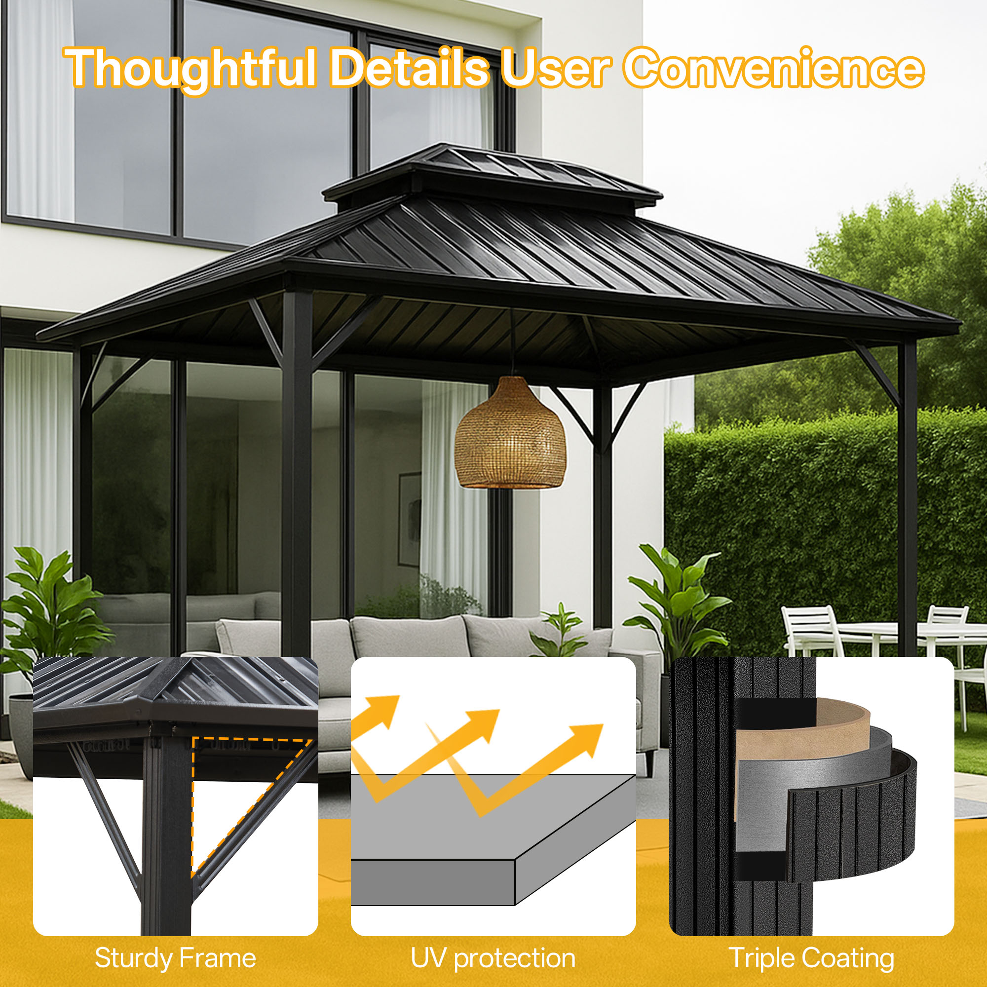 MeWang 10x10 Hardtop Gazebo, Black Aluminum Frame with Double Galvanized Steel Roof, Outdoor Patio Canopy for Backyard, Garden, Deck