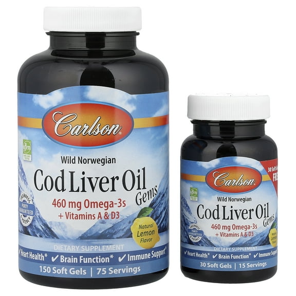 Carlson - Cod Liver Oil Gems Bonus Pack 150 Soft Gels   30 Free Soft Gels Lightly Lemon 1000 mg. - 180 Softgels