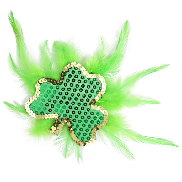 Tocado de San Patricio con clip para el pelo, trébol de lentejuelas verdes con detalles de plumas de imitación, accesorio festivo para mujer, talla única