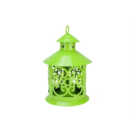 8" Shiny Lime Green Votive or Tealight Candle Holder Lantern with Star and Scroll Cutouts