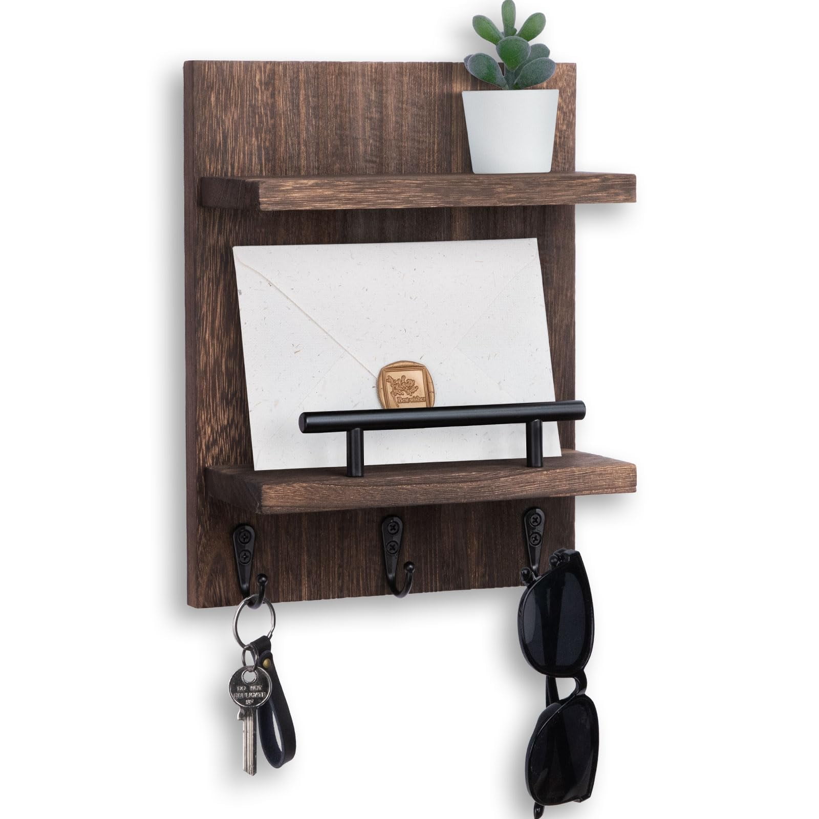Lucundm Key Holder Wall Mount Mail Shelf Decor with 3 Key Hooks Versatile Wood Wall Organizer for Entryway Hallway 8.2a x 10.6a x 3.6a Brown Walmart
