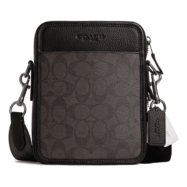 bandolera hombre neceser coach original sullivan crossbody en lona con monograma y detalles en cuero granulado negro; vista frontal rectangular con cierre de cremallera superior, bolsillo exterior abierto, forro de tela, correa desmontable para llevar al hombro o cruzada con caída de 24" y etiqueta colgante de la marca. Medidas: 15.87 cm x 20.95 cm x 5.08 cm.