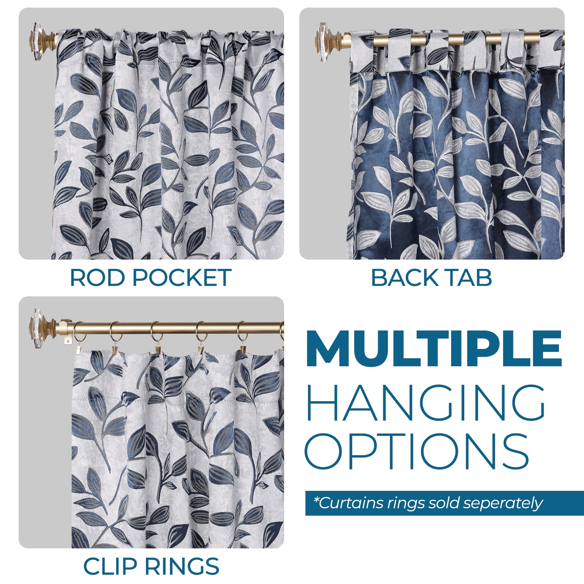 Superior Blackout Leaves Back Tab Curtains Set of 2, Light Filtering Curtain Panel Set, White-Navy Blue, 52"W x 84"L