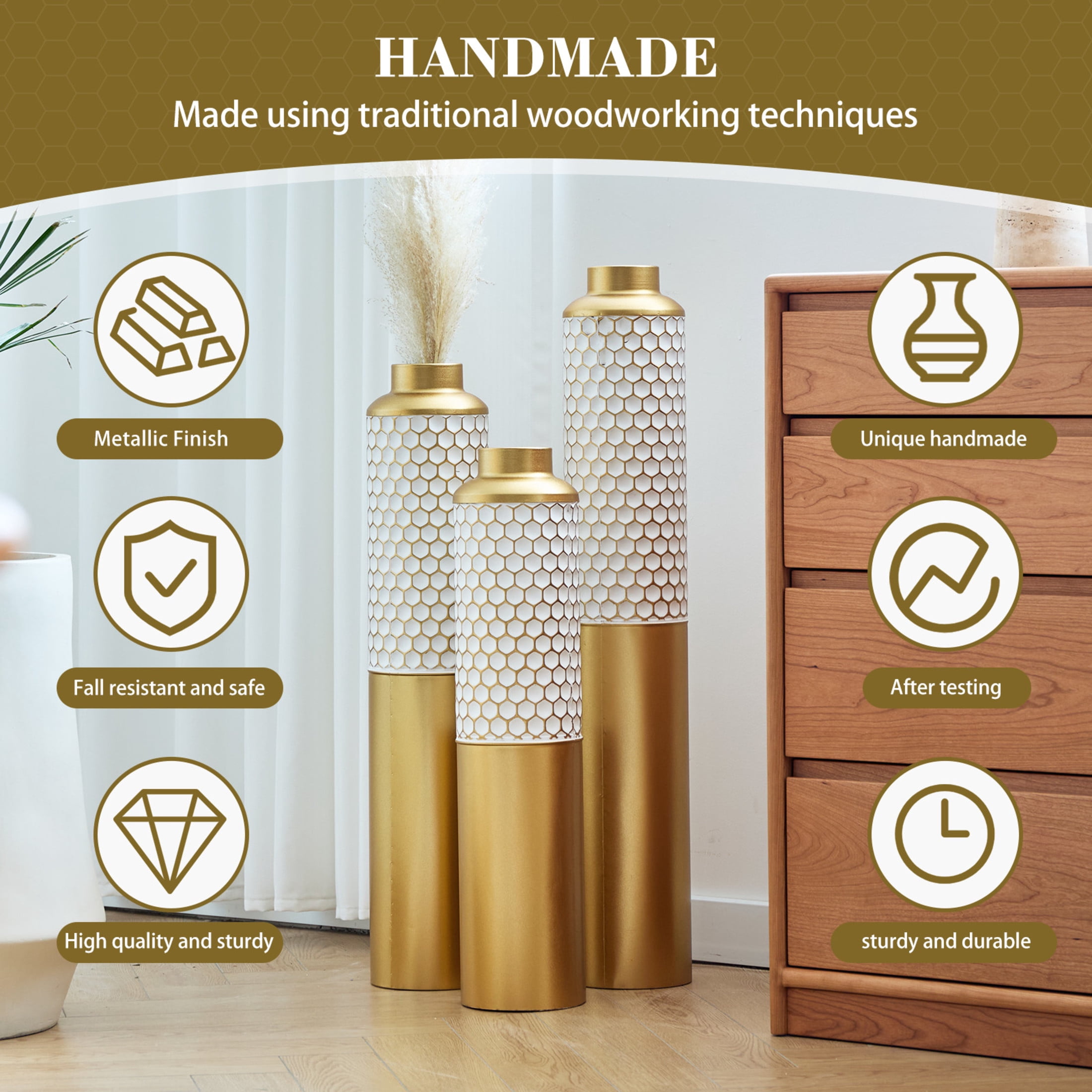 Noble House 3-Piece Metal Floor Vase Set, Textured Hexagonal Pattern Decorative Vases, Gold + White