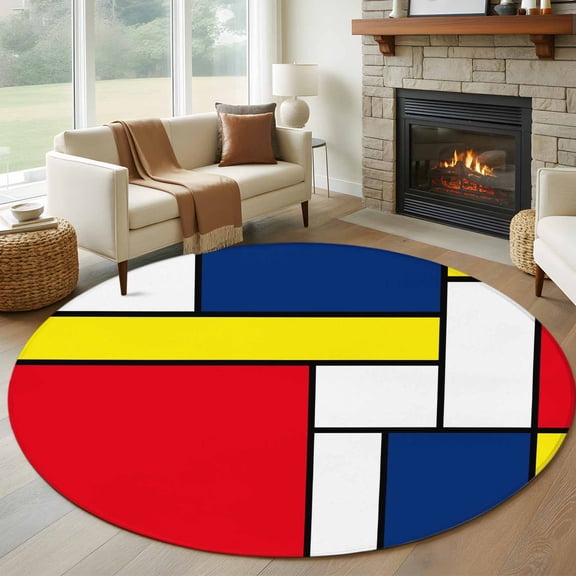 Abstract Geometric Round Area Rug 8Ft Washable Large Circle Rugs for Living Room Dorm, Modern Color Blocks Red Yellow Blue Non-Slip Carpet Floor Mats Indoor Outdoor Carpet Runner Aesthetic Home Decor
