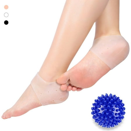 Plantar Fasciitis Gel Heel Protectors Heel Pads Kit,Cushions (White) +1 Foot Massage Ball