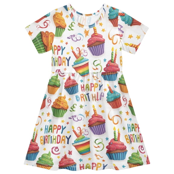 Colorful Birthday Cupcakes Short Sleeve Dress A-Line Cute Midi Casual Sundress 2-8 Years