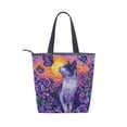 thumbnail image 2 of Zipper canvas bag large capacity large size practical handbag durable Canvas with leather material Purple Cat Flowers and Butterflies, 2 of 7