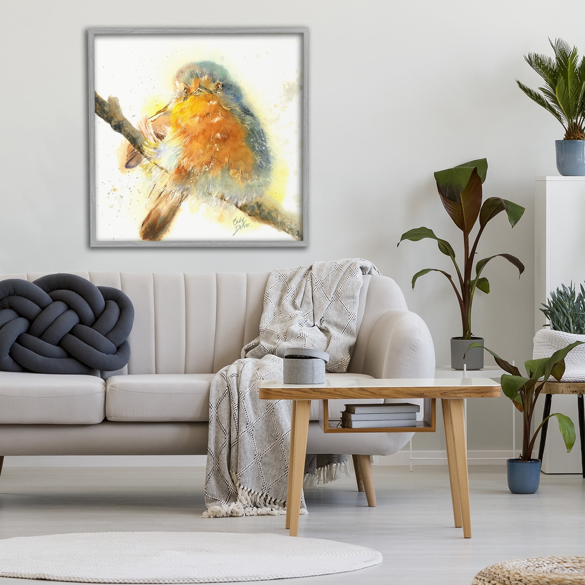 Stupell Industries Seated Songbird Watercolor Gray Framed Giclee Art, design by Cady Driver