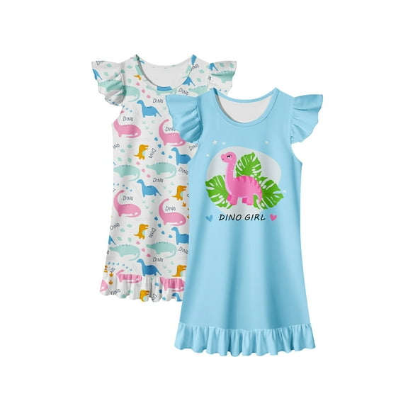 Girls Nightgowns 2-Pack Flutter Sleeve Pajama Dress Princess Unicorn Sleepwear for Toddler to Big Kids