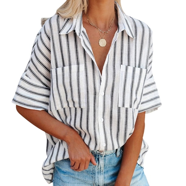 Sonducket Camisa de mujer Media manga Raya Raya Blusa Bolsillos Botón Blusa Bolsillos Botón Cuello en V Top Prendas para la parte del cuerpo Blanco XL Sonducket AP003125-04