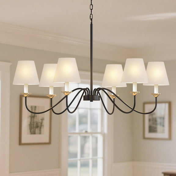 YANSUN 6-Light Adjustable Chandelier with Linen Shades, 36.7 Inch Drum Design, Modern Vintage for Dining Room Living Room