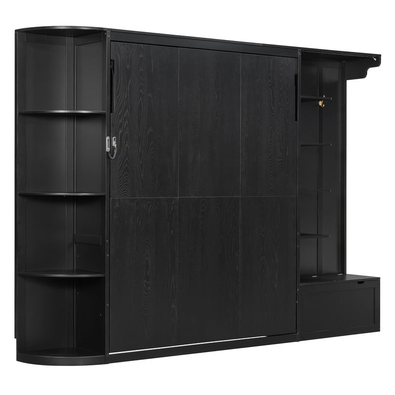 Queen Murphy Bed with Shelves, Coat Hook & Hidden Storage Cabinet, Space-Saving Wall Platform Bed with Built-in Lights