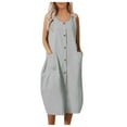 thumbnail image 2 of Weiqiqre Robe Cocktail pour Femmes 2024, Robe d'Été pour Femme Couleur Unie Décontractée avec Poches, Boutons, Coton et Lin, Col Rond, Sans Manches, 2 of 5