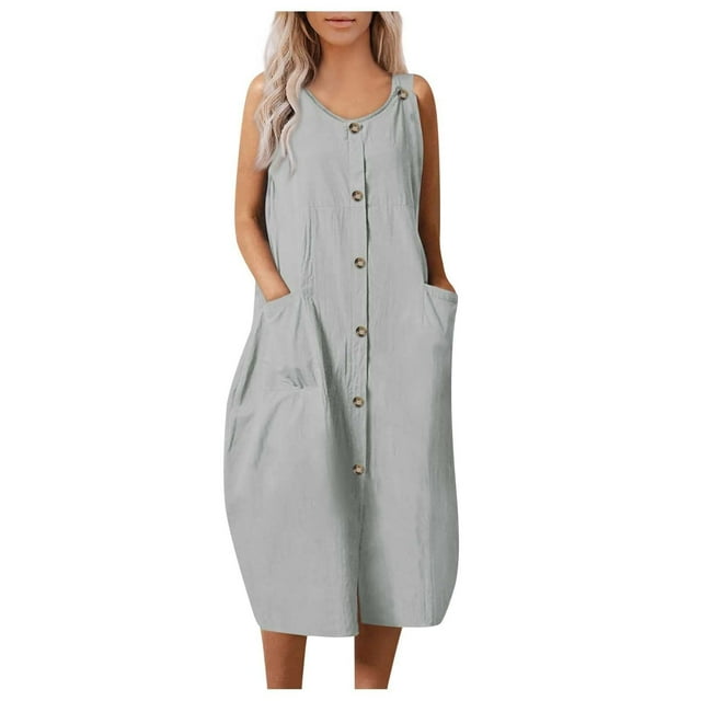 Woman Summer Solid Color Leisure Pockets Button Cotton and Linen Round-Neck Sleeveless Dress