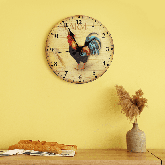 12-Inch Farmhouse Rooster Wall Clock – Silent Frameless Battery-Operated Analog Clock for Kitchen, Bedroom, Office