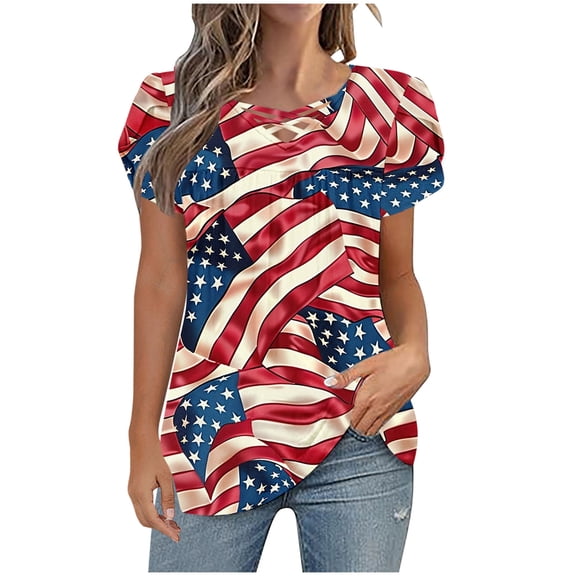 SELONE Heart Shirts for Women Fourth of July Print Star Pullover V Neck Short Sleeve Tops Patriotic Graphic Clothes