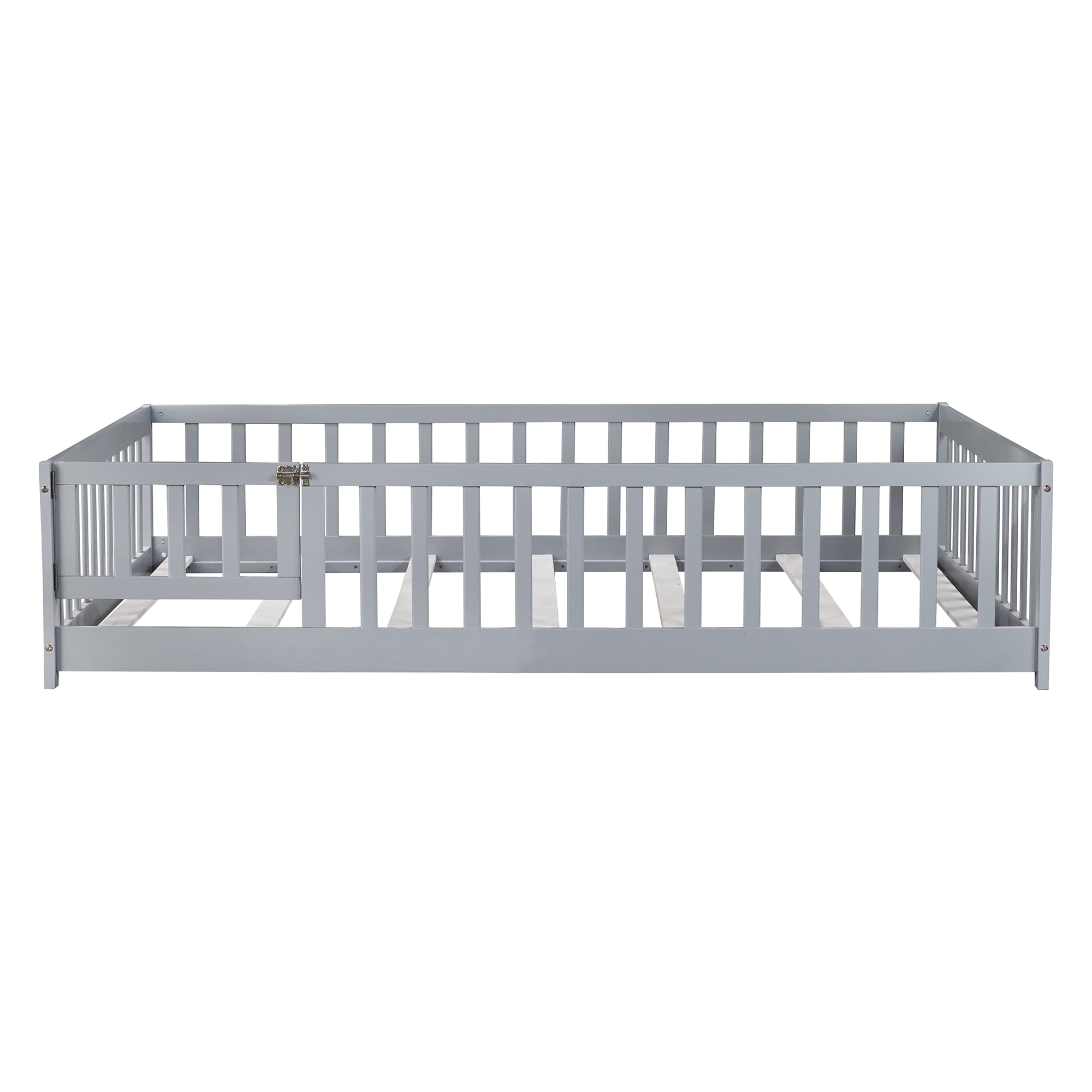 Full Size Floor Bed with Fence and Door,Rubber Wood Floor Bed with Safety Guardrails,Grey