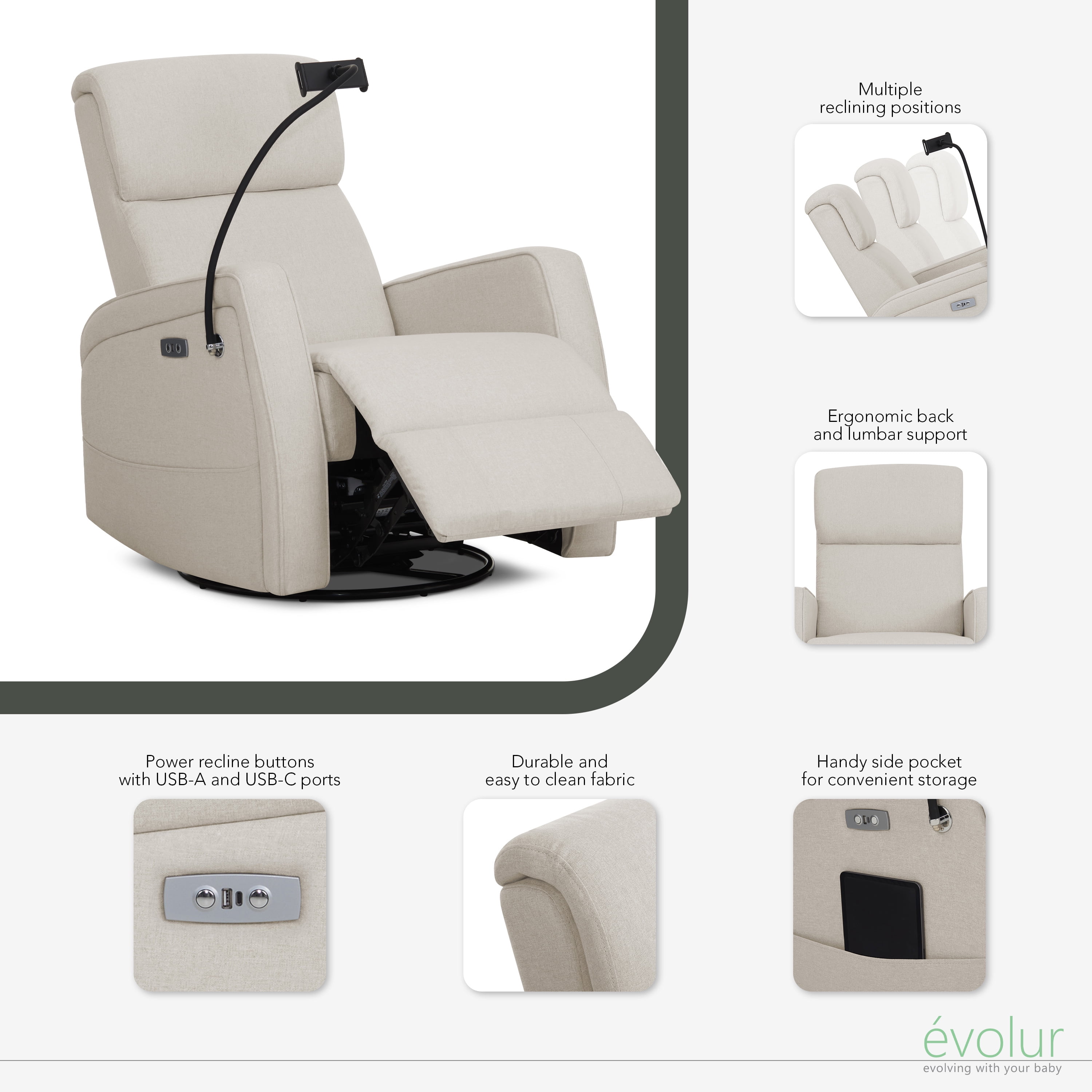 Buybuy BABY by Evolur Maverick Power Recline Glider with Device Holder, Light Sand
