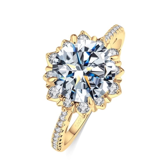 Aurora&Fiori 0.5carat Round Cut Moissanite Engagement Ring for Women 18K Yellow Gold Plated S925 Sterling Silver Flower Halo Promise Ring