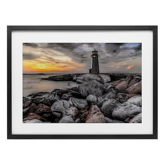 Stupell Industries Lighthouse Bay at Sunset Black Framed Print Under Glass design by Norm Stelfox, 14 x 20