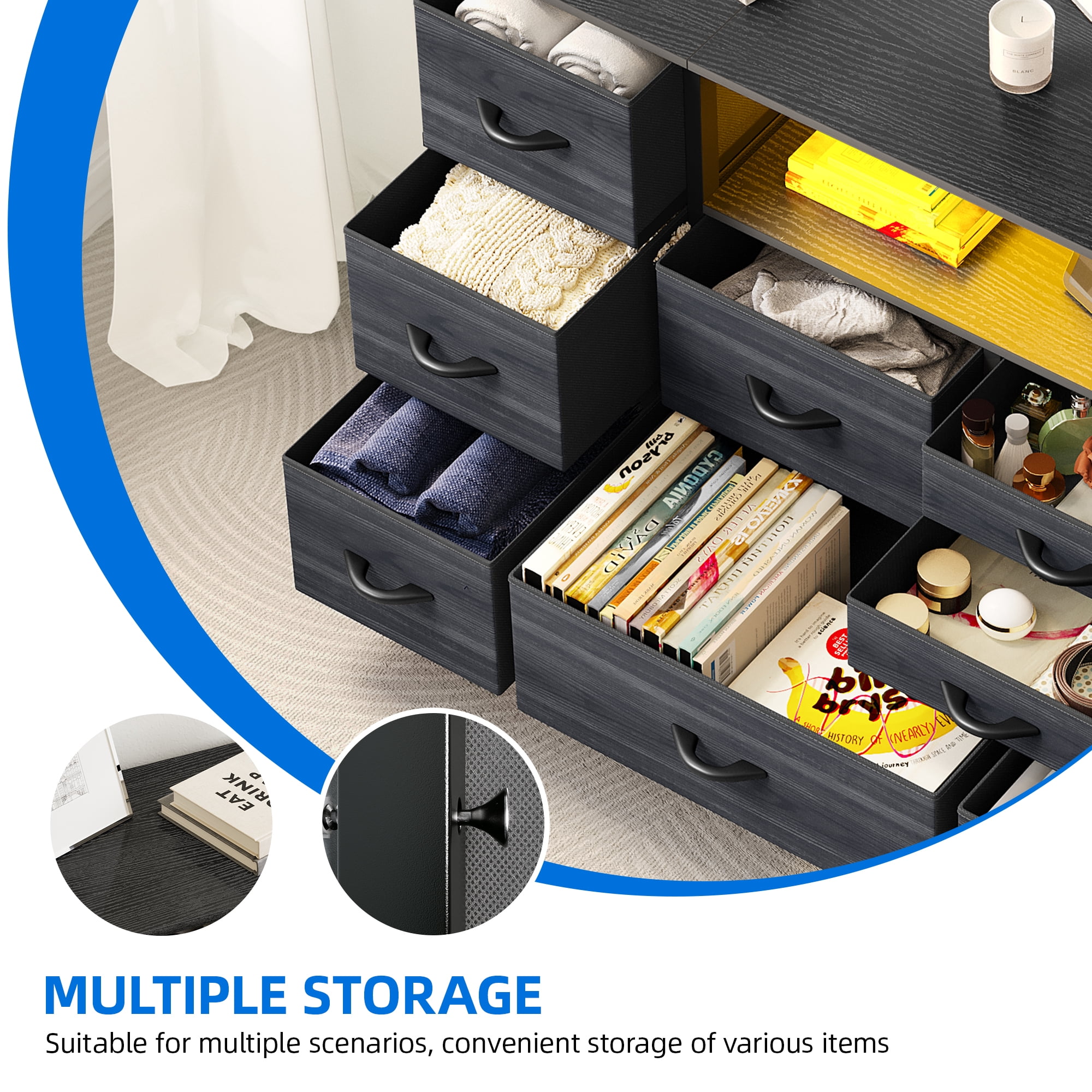 Uforic 9-Drawer Dresser for Adults, TV Stand with Power Outlet for 55'' TV, Side Pockets & Hooks
