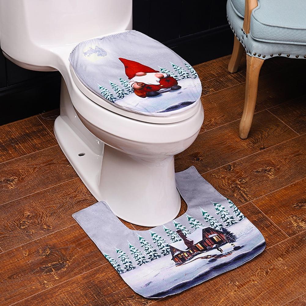 Visland 2Pcs/Set Christmas Gnome Toilet Seat Cover and Rug Set, Soft