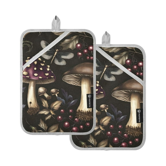 Mushrooms and Leaves Vintage Oven Mitts Pot Holders 2 pcs Heat Resistant for Kitchen Baking Grilling