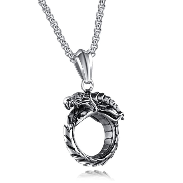 Colgante de dragón vintage, collar de anillo eterno de dragón de cola de mordida de acero de titanio