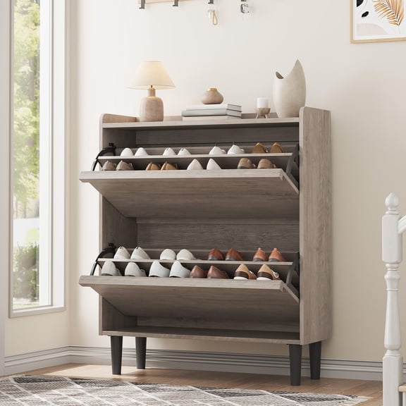 DSstyles Shoe Cabinet Hidden Wood Freestanding with 2 Drawers, Adjustable Shelf, Grey