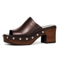 thumbnail image 2 of YDN Women's Open Peep Toe Mules Platform Wooden Block Heels with Studs Dressy Casual Slides Sandals Slip On Comfy Shoes Daily Size 7 Brown, 2 of 4