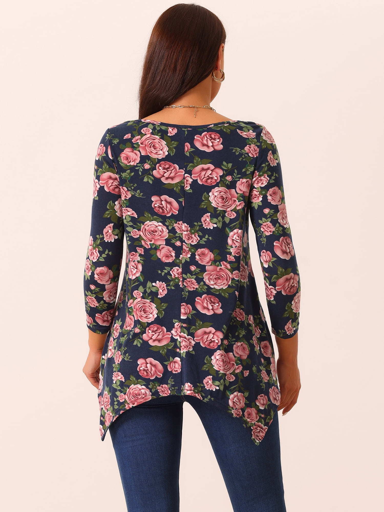DARING DIVA Women's 3/4 Sleeve Floral Print Loose Fit Asymmetrical Hem Top Navy Blue L