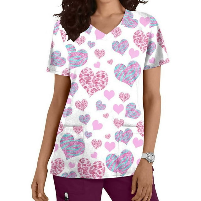 TIMIFIS Hauts de Gommage de la Saint-Valentin pour Femmes à Manches Courtes à Col en V Hauts Uniforme Blouse Imprimée de la Saint-Valentin avec Poches Blouse d'Allaitement avec Poches - Imprimé Violet