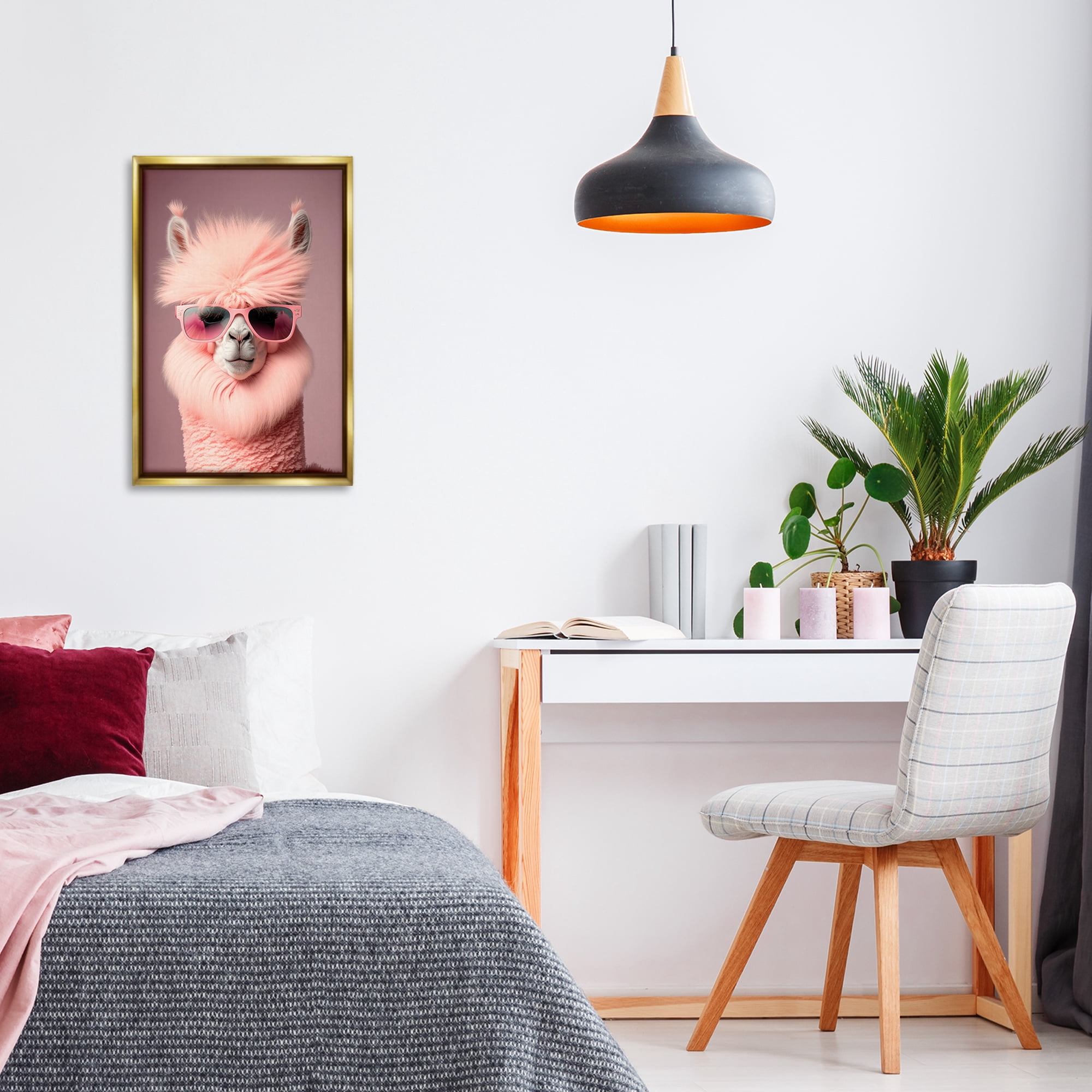 Stupell Industries Fluffy Pink Glam Alpaca Animals & Insects Painting Gold Floater Framed Canvas Art Print Wall Art, 17 x 25