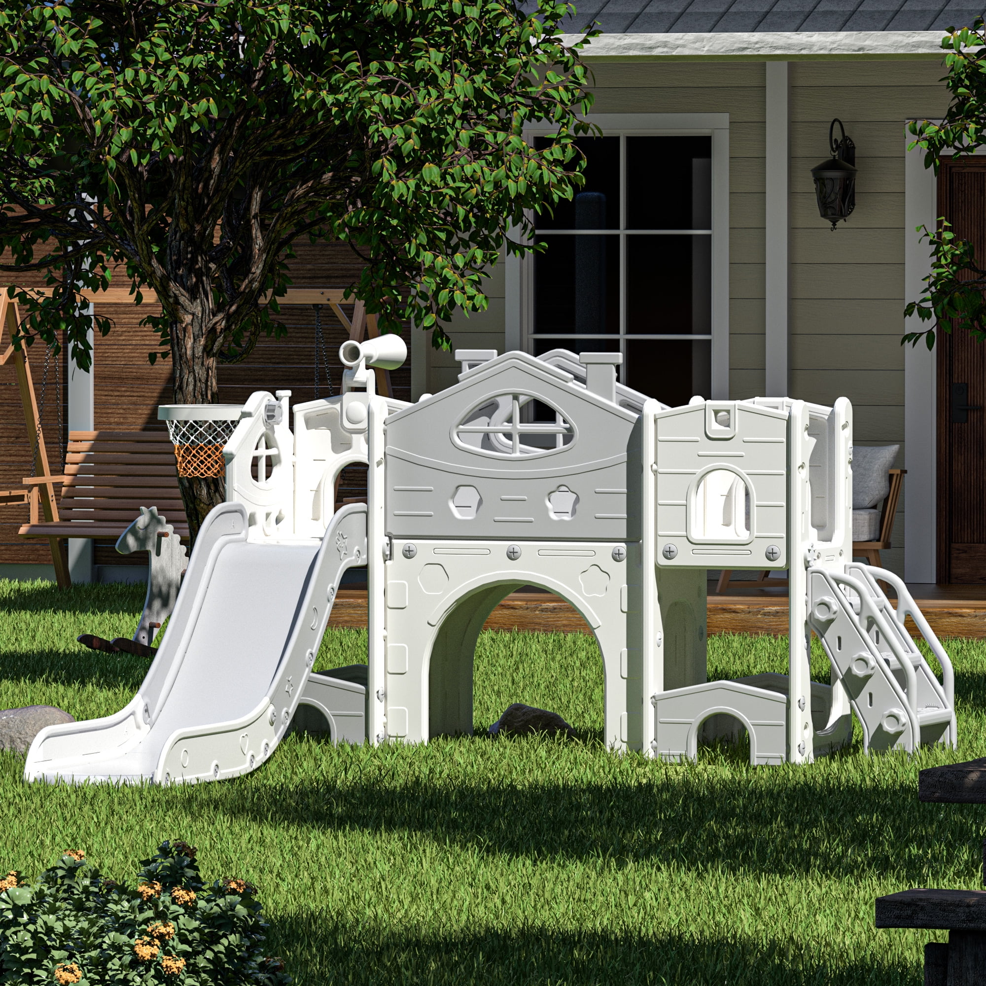 Kids Slide Playset with Climber, Toddlers Freestanding Castle with Basketball, Storage Area, Tunnel for Indoors and Outdoors, Gift for Children, Gray and White