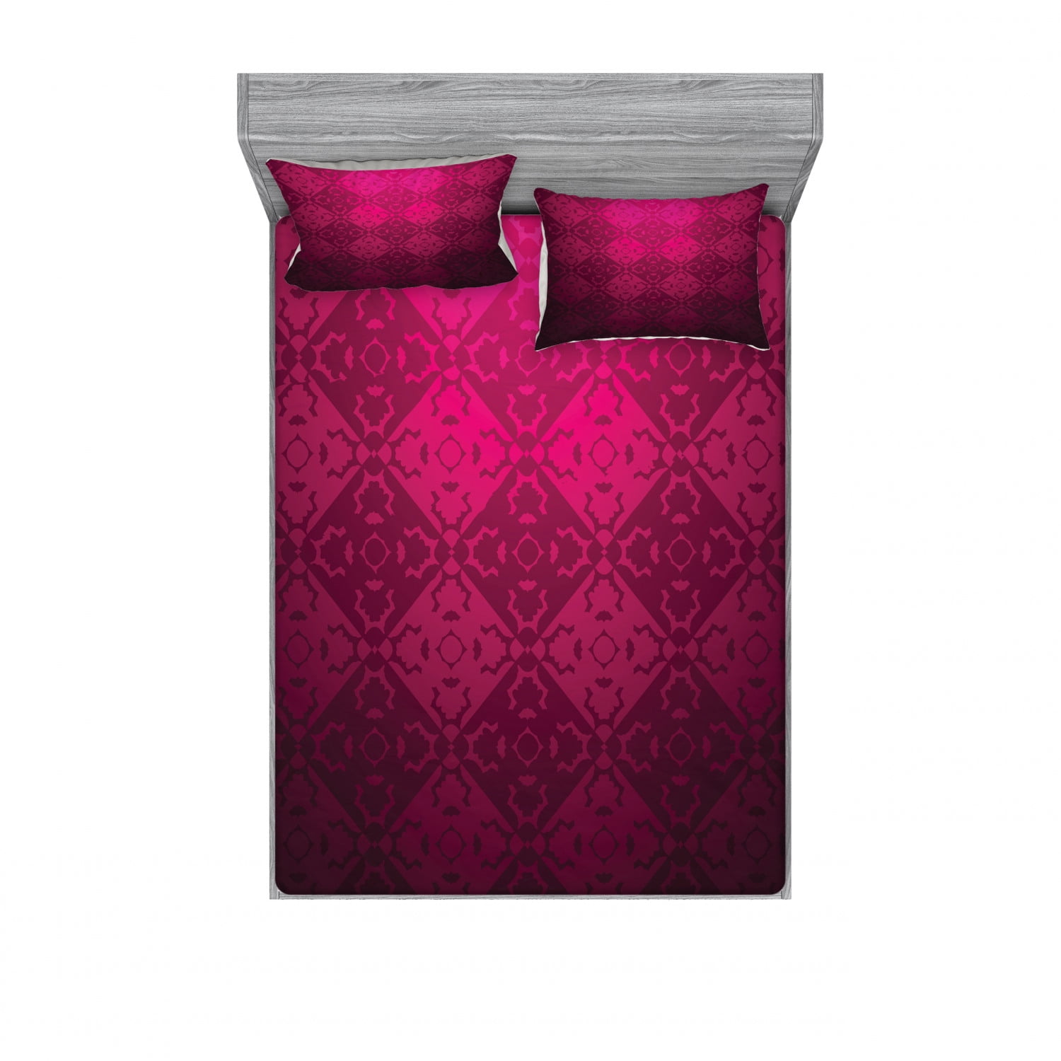 Magenta Bedding Set with Sheet & Covers, Ornamental Vintage Feminine