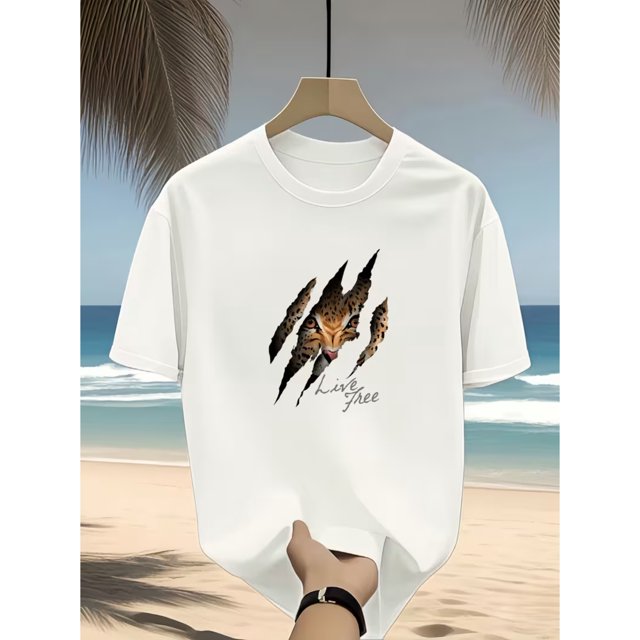 Men's Round Neck Short Sleeve Creative Print Scratch Leopard Pattern Casual Style T-Shirt, Comfortable Top