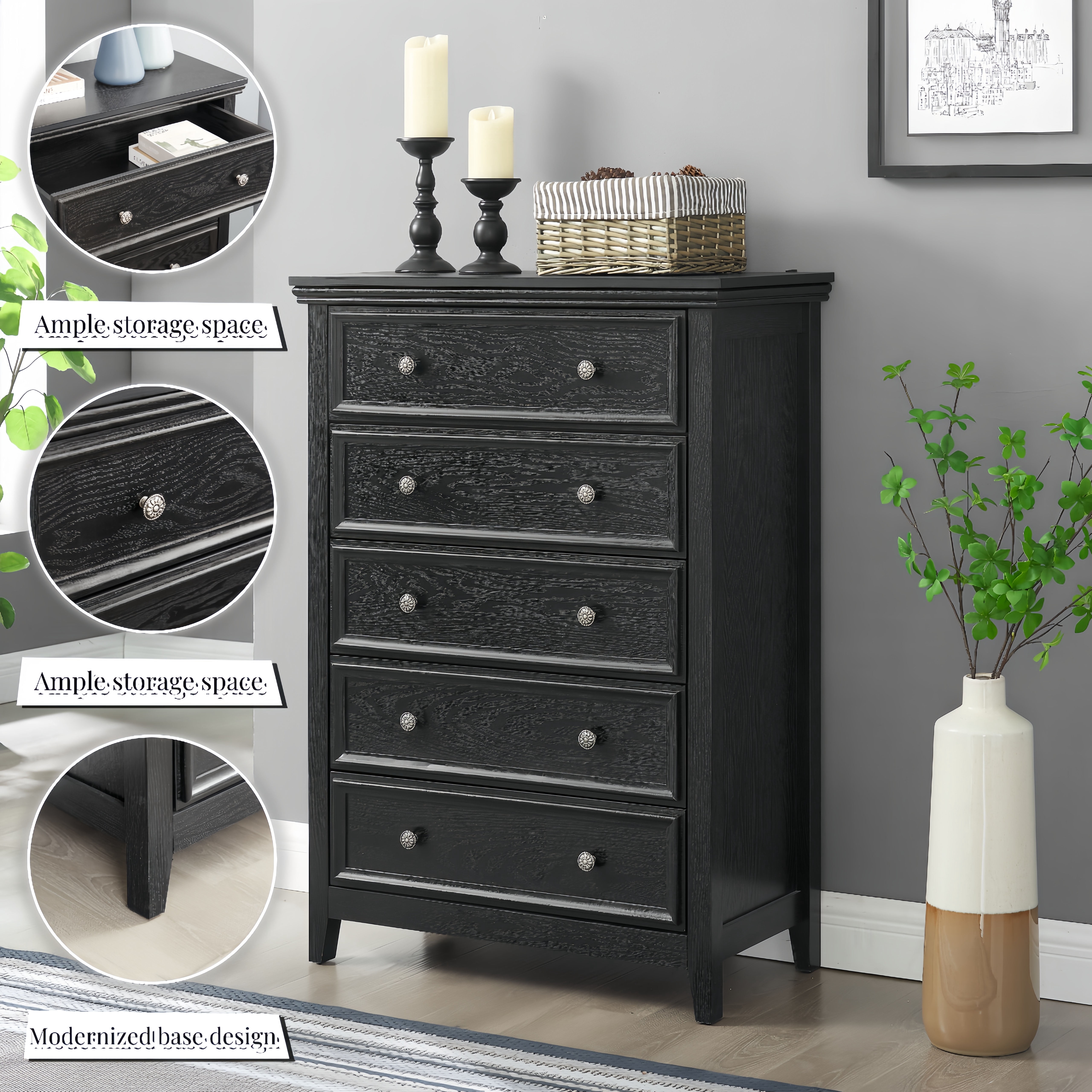 Modern Farmhouse 5 Drawer Dresser Chests, Dressers for Bedroom, Wood Rustic Tall Chest of Drawers Closet Organizer & Storage Clothes for Living Room, Hallway