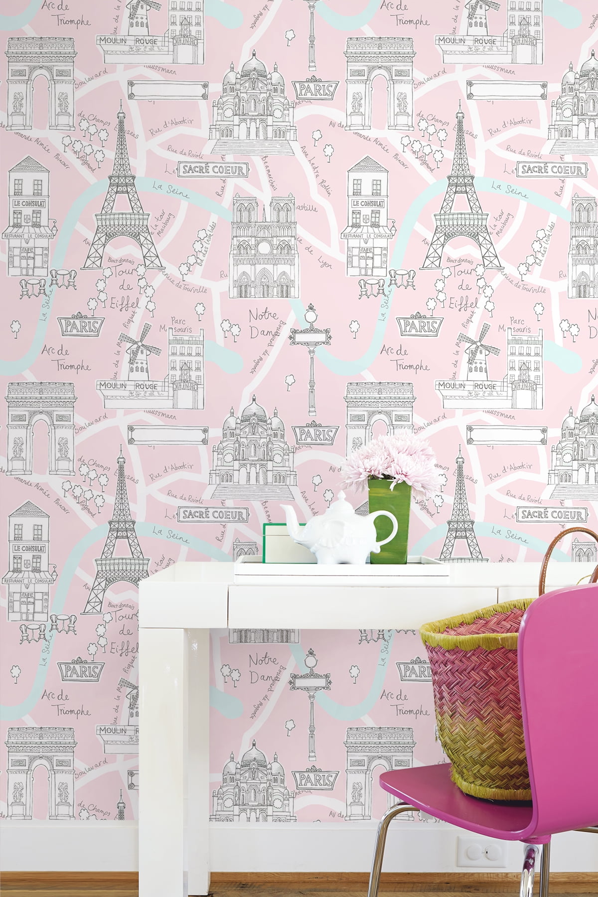 NextWall  Paris Scene Peel and Stick Wallpaper 20.5 in. W x 18 ft. L - Pale Pink
