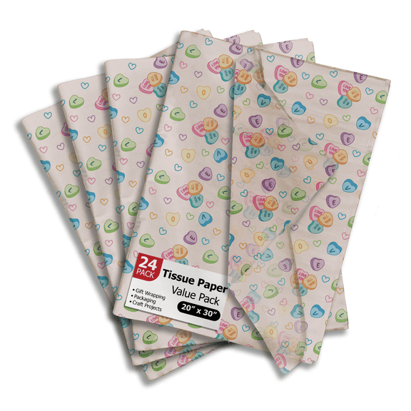 Candy Hearts Printed Tissue Paper for Valentine's Day Gift Bags or Boxes and Wrapping - Bulk Decorative Art Tissue Paper for Packaging and Gifting | 24 Sheets 20" x 30"