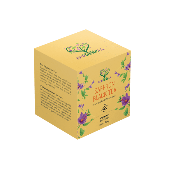 Eupherbia Saffron Black Tea, Handpicked, Highland Grown Whole Leaf Tea, Enriched with Premium Saffron Threads, Brisk, Earthy, Aromatic, Individually Wrapped Tea Sachets (Pack of 12)