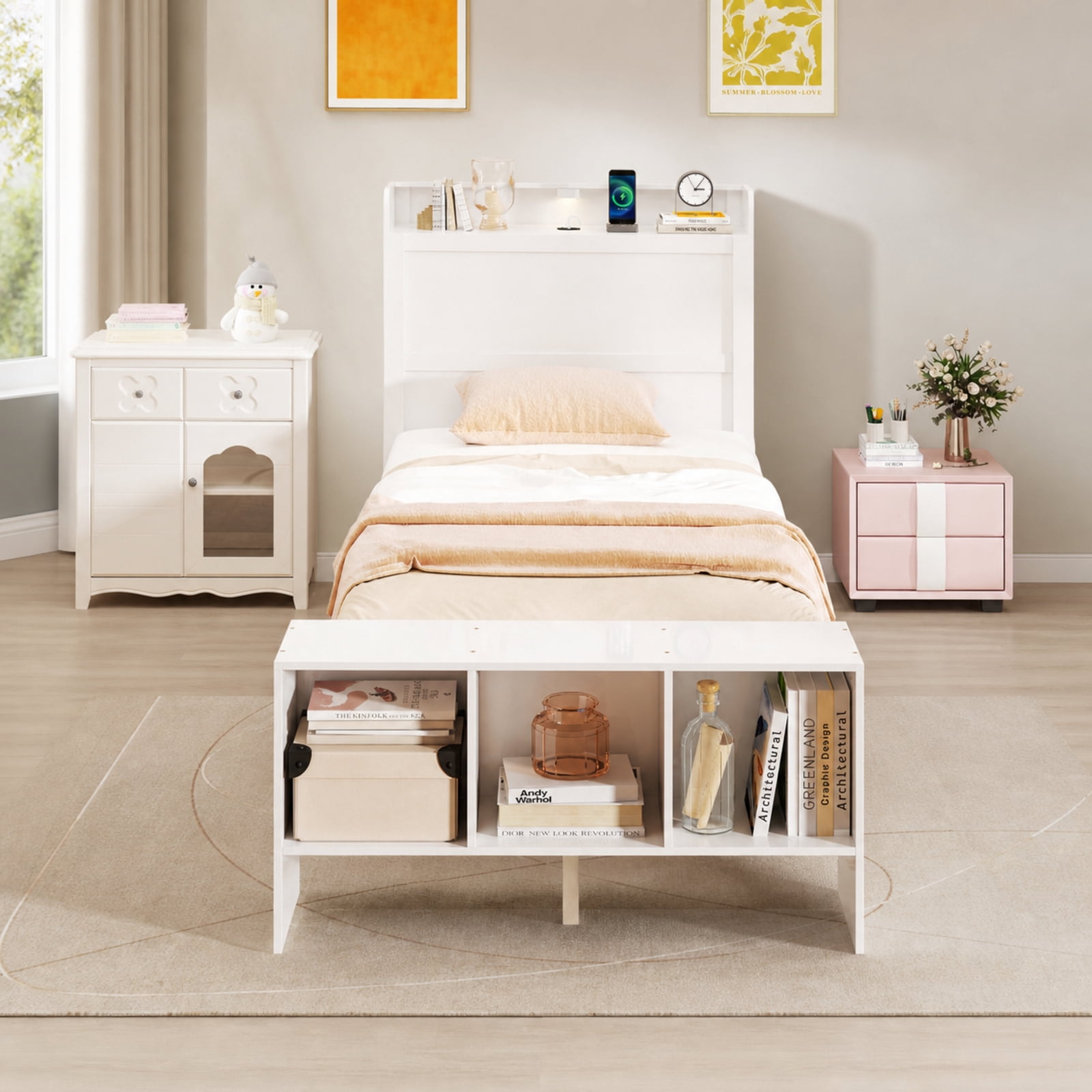 Furnibear Twin Size Bed Frame with Storage Headboard Footboard 2 USB Ports and 3 Color Adjustable LED Lights No Box Spring Needed, White