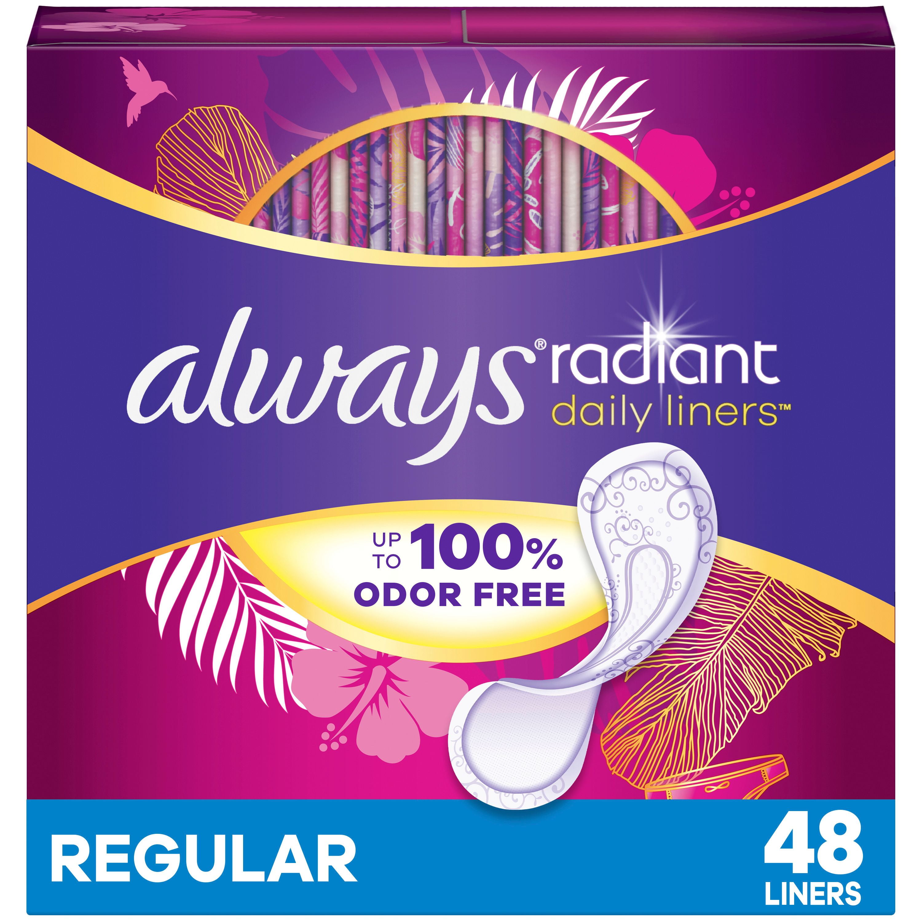 Always Radiant Daily Liners Light Absorbency, Regular Length, Up to 100% Odor Free and Fragrance Free, with Edge-2-Edge Adhesive, 48 Count