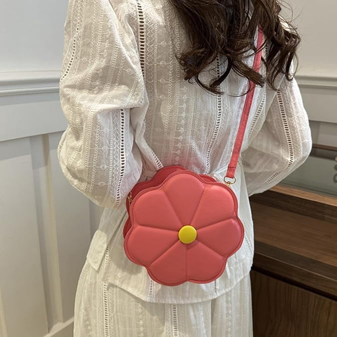 Trendy Flower Shaped PU Leather Crossbody Bag with Adjustable Strap Shoulder Purse Satchel for Women and Girls   P