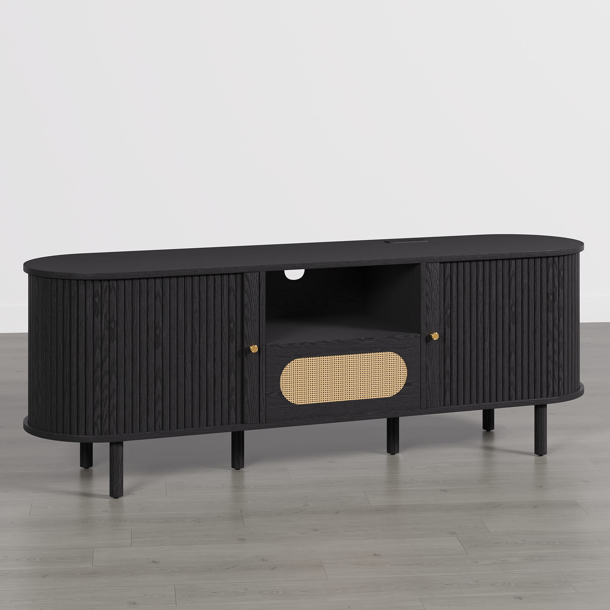 Spruce & Spring Tambour TV Stand with Power Outlet, Mid-Century Modern Entertainment Center, Rattan Drawer & Fluted Sliding Doors, Solid Wood Legs & Cable Management, for TVs up to 70 Inch