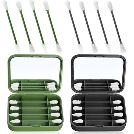 RAGUPEL 2026 New 8 Count Reusable Silicone Q Tip Cotton Swabs Portable Silicone Swab for Ear Cleaning Makeup for Women,2 in 1 Cotton Swabs Set with Case and Cosmetic Mirrors (2 Pack,Green&Grey)