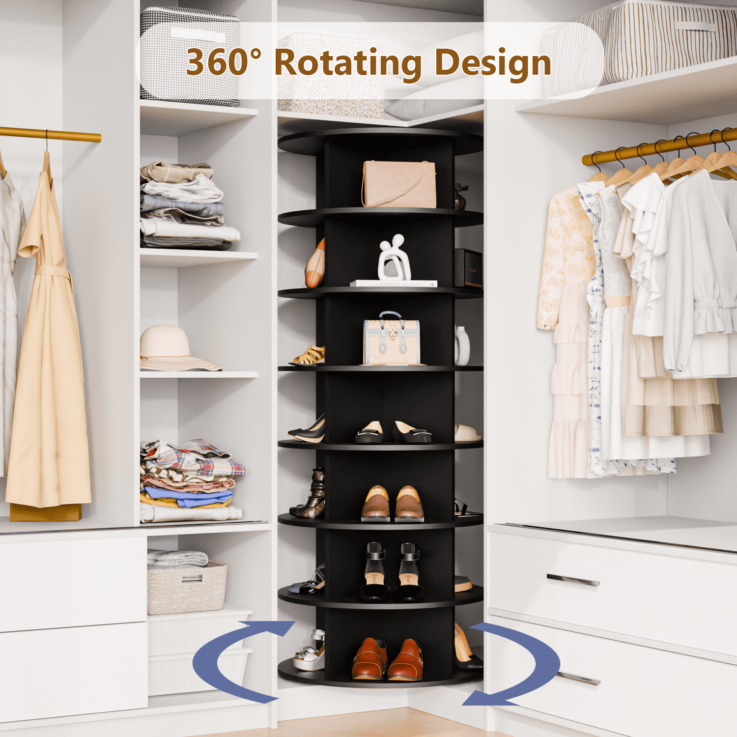 Waleaf 7 Tier Rotating Shoe Rack Tower, 360° Spinning Shoe Display Lazy Susan, Free Standing Shoe Organizer, Black
